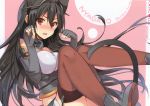  1girl animal_ears bare_shoulders black_hair blush breasts cat_ears cat_tail character_name elbow_gloves fake_animal_ears fingerless_gloves flying_sweatdrops gloves hair_between_eyes hairband headgear high_heels highres kantai_collection large_breasts long_hair mishima_kurone nagato_(kantai_collection) nose_blush open_mouth paw_pose red_eyes scan simple_background skirt tail thigh-highs very_long_hair 