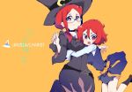  2girls age_difference breasts character_name dress glasses hair_between_eyes hat hug hys-d little_witch_academia long_hair long_sleeves looking_at_viewer multiple_girls open_mouth orange_background red_eyes redhead shiny_chariot short_hair smile spoilers ursula_charistes witch witch_hat 