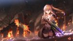  1girl assault_rifle bangs belt black_legwear blonde_hair blue_eyes blush breasts brown_coat cityscape cleavage clouds cloudy_sky coat collared_shirt destruction dust explosion eyebrows_visible_through_hair fire floating_hair girls_frontline gloves grey_skirt grin gun hair_between_eyes hair_ornament hair_ribbon headset holding holding_gun holding_weapon kalina_(girls_frontline) lightning long_hair looking_at_viewer medium_breasts night open_clothes open_coat open_mouth orange_hair pleated_skirt ribbon rifle ruins shirt side_ponytail skirt sky smile solo thigh-highs torn_coat trigger_discipline untucked_shirt walking weapon white_shirt wind zi_ye_(hbptcsg2) 