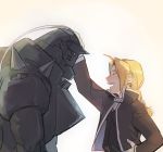  2boys :d ^_^ ahoge alphonse_elric armor bangs beige_background black_jacket black_shirt blonde_hair braid brothers closed_eyes closed_eyes edward_elric esu_(825098897) fullmetal_alchemist hand_on_hip helmet jacket leaning leaning_forward male_focus multiple_boys open_mouth outstretched_arm petting profile shirt siblings simple_background smile upper_body 