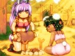  2girls :&lt; ahoge animal_ears armlet ass bandeau bangs black_footwear black_hair boned_meat boots breasts bunny_tail carrot_hair_ornament commentary_request dark_skin eyebrows_visible_through_hair facial_mark fence food food_themed_hair_ornament from_behind grass hair_ornament holding_foot inaba_tewi jewelry kneeling large_breasts long_hair looking_at_viewer looking_back meat midriff multiple_girls navel necklace outdoors parted_lips pink_skirt purple_hair rabbit_ears red_eyes reisen_udongein_inaba shiny shiny_skin shirosato short_hair sidelocks skirt spaghetti_strap stomach tail thighs touhou tree very_long_hair 