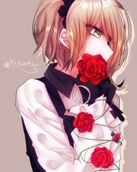  1girl asymmetrical_hair black_gloves black_hairband blonde_hair character_name dangan_ronpa detached_collar flower frilled_sleeves frills gloves green_eyes hairband holding holding_flower long_sleeves nekoshin_kagari new_dangan_ronpa_v3 profile red_flower red_rose rose shirt short_hair solo toujou_kirumi upper_body white_shirt wing_collar 