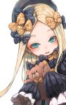  1girl abigail_williams_(fate/grand_order) bangs black_bow black_dress black_headwear blonde_hair blue_eyes blush bow commentary_request dress fate/grand_order fate_(series) forehead hair_bow hat highres holding holding_stuffed_animal long_hair long_sleeves looking_at_viewer lower_teeth nyucha open_mouth orange_bow parted_bangs polka_dot polka_dot_bow simple_background sleeves_past_fingers sleeves_past_wrists solo stuffed_animal stuffed_toy teddy_bear upper_body upper_teeth very_long_hair white_background 