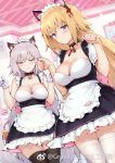  2girls animal_ears apron bare_shoulders bell bell_choker black_legwear blonde_hair blue_eyes blush breasts brown_eyes cat_ears choker cleavage cropped dutch_angle embarrassed eyebrows_visible_through_hair fake_animal_ears fate/grand_order fate_(series) gloves hairband haoni indoors jeanne_d&#039;arc_(alter)_(fate) jeanne_d&#039;arc_(fate)_(all) jingle_bell large_breasts long_hair looking_at_viewer maid_headdress multiple_girls paw_pose pursed_lips silver_hair sparkle standing teardrop thigh-highs very_long_hair waist_apron watermark white_gloves white_legwear zettai_ryouiki 
