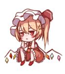  1girl anger_vein ascot bangs blonde_hair blush chibi commentary_request crystal eyebrows_visible_through_hair flandre_scarlet full_body hair_between_eyes hands_up hat hat_ribbon head_rest jitome knees_up long_hair lowres mob_cap one_side_up red_eyes red_ribbon red_skirt red_vest ribbon simple_background sitting skirt skirt_set snozaki solo touhou vest white_background white_headwear wings yellow_neckwear 