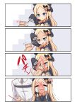  1boy 1girl 4koma :d =_= abigail_williams_(fate/grand_order) afterimage animal arm_up bangs black_bow black_dress black_headwear blonde_hair blue_eyes blush bow cat cat_teaser chaldea_uniform closed_eyes closed_mouth comic commentary crying dress fate/grand_order fate_(series) flying_sweatdrops forehead fujimaru_ritsuka_(male) hair_bow hat heart highres holding jacket long_hair long_sleeves open_mouth orange_bow parted_bangs polka_dot polka_dot_bow scratching shimokirin silent_comic sleeves_past_fingers sleeves_past_wrists smile squatting streaming_tears tears trembling uniform very_long_hair wavy_mouth white_jacket 