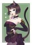  1girl absurdres animal_ear_fluff animal_ears arm_pouch belt blue_eyes bob_cut breasts brown_hair cat_day cat_ears cat_girl cat_tail cleavage collar commentary corset detached_sleeves dress eyebrows_visible_through_hair fang finger_licking hand_on_hip highres karanashi_mari licking looking_at_viewer nail_polish original paw_print short_hair simple_background solo strapless strapless_dress tail tongue twitter_username 