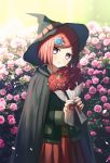  1girl bob_cut brown_eyes closed_mouth dangan_ronpa flower hair_ornament hairclip hat highres holding looking_at_viewer new_dangan_ronpa_v3 redhead rose school_uniform short_hair skirt ssumbi witch_hat yumeno_himiko 