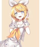  1girl alternate_costume ascot blonde_hair blue_eyes bow bright_pupils buttons detached_sleeves dress frank_lee_(dfgh132) hair_bow hair_ornament hairclip hands_on_head hands_on_headphones headphones headset highres kagamine_rin listening_to_music multicolored multicolored_eyes nail_polish open_mouth pastel_colors sailor_collar sailor_dress shirt short_hair sleeveless sleeveless_shirt smile vocaloid white_pupils yellow_nails yellow_neckwear 