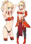  1girl armpits bare_shoulders black_panties blonde_hair blush bra braid breasts closed_mouth eyebrows_visible_through_hair fate/apocrypha fate_(series) green_eyes hair_ornament hair_scrunchie long_hair looking_at_viewer mordred_(fate) mordred_(fate)_(all) multiple_views navel panties ponytail red_footwear red_scrunchie scrunchie shiseki_hirame simple_background small_breasts smile strapless underwear white_background 