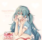  1girl 2018 black_bow blue_eyes blue_hair blue_shirt blush bow cake character_name cheng_(job276) dated eyebrows_visible_through_hair food grey_background hair_between_eyes hair_bow happy_birthday hatsune_miku holding long_hair open_mouth polka_dot polka_dot_bow red_ribbon ribbon sailor_collar shiny shiny_hair shirt short_sleeves simple_background sitting solo twintails upper_body very_long_hair vocaloid white_sailor_collar 