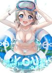  1girl :d armpits arms_up bent_over bikini blue_eyes blush breasts brown_hair cleavage collarbone commentary_request dated flippers halterneck hands_on_headwear happy_birthday highres innertube looking_at_viewer love_live! love_live!_sunshine!! medium_breasts navel open_mouth rozen5 short_hair side-tie_bikini sitting smile snorkel solo swimsuit thigh_gap wariza watanabe_you wet white_bikini 