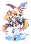  1girl ahoge american_flag azur_lane blonde_hair breasts bright_pupils covered_navel detached_sleeves eldridge_(azur_lane) eyebrows_visible_through_hair facial_mark full_body highres latioss leotard long_hair open_mouth outstretched_arm pink_eyes rigging simple_background small_breasts solo standing standing_on_one_leg tail thigh-highs twintails very_long_hair white_background white_legwear 