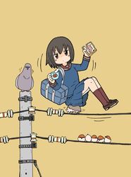  1girl bag bird brown_eyes brown_hair carrying commentary cup food hedgehog highres holding jitome milk original pigeon riding school_bag school_uniform serafuku shaded_face short_hair simple_background sparrow stabbed telegraph_lines toast yukimoto_shuuji_(gurigura) 