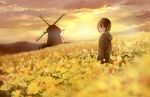  1girl backlighting blurry blurry_foreground brown_eyes brown_hair clouds cloudy_sky commentary_request depth_of_field field flower flower_field landscape looking_at_viewer looking_back original rapeseed_blossoms sakeharasu scenery short_hair sky solo standing sunset wide_shot windmill yellow_theme 