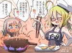  2girls ahoge aoba_(akibajun) blonde_hair blue_eyes chibi chopsticks closed_eyes commentary_request fire flower food frying_pan glasses hair_flower hair_ornament hand_on_hip hat highres holding holding_chopsticks i-8_(kantai_collection) kantai_collection long_hair low_twintails multiple_girls name_tag one-piece_swimsuit open_mouth peaked_cap red-framed_eyewear ro-500_(kantai_collection) sailor_collar sailor_hat school_swimsuit semi-rimless_eyewear shrimp shrimp_tempura swimsuit swimsuit_under_clothes tan tempura translation_request twintails under-rim_eyewear 