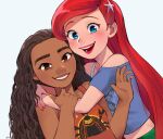 2girls ariel_(disney) arms_around_neck bare_arms bare_shoulders blouse blue_blouse blue_eyes brown_eyes brown_hair clothes_writing curly_hair dark-skinned_female dark_skin eyelashes fingernails hand_on_another&#039;s_arm hand_up hug light_blue_background light_blush lips long_hair looking_at_viewer midriff_peek moana_(movie) moana_waialiki multiple_girls off_shoulder open_mouth orange_tank_top pano_(mohayayamai) red_lips red_nails redhead shade side-by-side simple_background smile spaghetti_strap starfish_hair_ornament tank_top teeth the_little_mermaid thick_eyebrows upper_body very_long_hair wreck-it_ralph yellow_nails