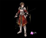  androgynous armor artist_name black_background boots brown_hair dated full_body gauntlets green_eyes grey_footwear holding holding_sword holding_weapon knife knight original qq0124678 sheath sheathed short_hair solo standing sword weapon 