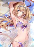  1girl armpits arms_up bangs bare_shoulders bikini blonde_hair blue_eyes blue_sky blush breasts cleavage collarbone cowboy_shot floating_hair flower granblue_fantasy hair_between_eyes hair_flower hair_ornament hairband highres hinahino jeanne_d&#039;arc_(granblue_fantasy) large_breasts long_hair looking_at_viewer medium_breasts navel outdoors purple_bikini see-through sidelocks sky smile solo swimsuit very_long_hair wind 