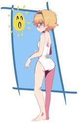  1girl bangs blonde_hair blue_eyes blush child eyebrows_visible_through_hair freckles from_behind full_body glasses hairband hys-d little_witch_academia looking_at_viewer lotte_jansson one-piece_swimsuit profile round_eyewear semi-rimless_eyewear short_hair solo standing sun swimsuit under-rim_eyewear white_swimsuit 