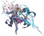  1boy armor blue_eyes boots cape gauntlets granblue_fantasy grimnir heterochromia lance minaba_hideo official_art pointy_ears polearm red_eyes shoulder_armor silver_hair smile weapon wind 
