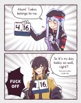  2girls beret black_hair blue_hair calendar_(object) closed_eyes cross english_text eyepatch german_flag girls_frontline hat headphones highres hk416_(girls_frontline) jacket m16a1_(girls_frontline) multiple_girls necktie numbered_panels scar scar_across_eye vento yellow_eyes 