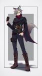  1boy absurdres akinaz animal_ear_fluff animal_ears body_markings boots brown_eyes cape chinese_commentary commentary_request fingerless_gloves full_body gloves hand_in_pocket highres male_focus original shawl silver_hair simple_background single_glove solo tail 