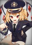  1girl :d alternate_costume bangs black_headwear black_jacket black_neckwear black_skirt blazer blonde_hair breasts commentary_request cowboy_shot crystal cuffs fangs flandre_scarlet gradient gradient_background grey_background hand_on_hip handcuffs hat highres holding jacket leaning_forward long_sleeves looking_at_viewer mi-ko_(meeco35) miniskirt necktie one_side_up open_mouth peaked_cap pencil_skirt pov red_eyes short_hair skirt small_breasts smile solo_focus standing thighs touhou wings 