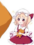  +_+ 1girl bangs blonde_hair blush bow collared_shirt crystal eringi_(rmrafrn) eyebrows_visible_through_hair flandre_scarlet flapping frilled_skirt frills hair_between_eyes hat hat_bow long_hair mob_cap object_hug one_side_up parted_lips puffy_short_sleeves puffy_sleeves red_bow red_eyes red_skirt red_vest shirt short_sleeves simple_background skirt solo stuffed_animal stuffed_toy teddy_bear touhou translation_request vest white_background white_headwear white_shirt wings 