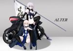  2girls artoria_pendragon_(all) black_dress black_legwear blonde_hair blue_dress breasts cleavage dress fate/grand_order fate_(series) flag grey_background ground_vehicle jacket jacket_on_shoulders jeanne_d&#039;arc_(alter)_(fate) jeanne_d&#039;arc_(fate)_(all) motor_vehicle motorcycle multiple_girls navel navel_cutout pale_skin ruriokami saber_alter silver_hair simple_background sitting smile spread_legs stomach thigh-highs yellow_eyes 