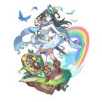  1girl bare_shoulders bird black_hair blue_eyes blue_headwear breasts dragalia_lost dress long_hair looking_at_viewer nontraditional_miko odetta_(dragalia_lost) official_art rainbow saitou_naoki sleeveless sleeveless_dress smile solo standing sword weapon white_dress 