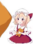  1girl bangs blonde_hair blush bow collared_shirt crystal eringi_(rmrafrn) eyebrows_visible_through_hair flandre_scarlet frilled_skirt frills hair_between_eyes hat hat_bow long_hair mob_cap object_hug one_side_up parted_lips puffy_short_sleeves puffy_sleeves red_bow red_eyes red_skirt red_vest shirt short_sleeves simple_background skirt solo stuffed_animal stuffed_toy teddy_bear touhou translation_request vest white_background white_headwear white_shirt wings 