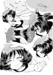  1girl :d =3 =_= akiyama_yukari blush comic disembodied_hands disembodied_limb doujinshi embarrassed faceless faceless_male hand_in_another&#039;s_hair hand_on_another&#039;s_head highres hirota_masatane looking_at_viewer looking_back lying messy_hair monochrome multiple_views on_stomach open_mouth screentones short_hair smelling_hair smile sweat waving wavy_mouth white_background 