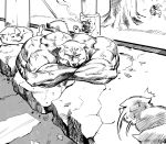  animal_focus chunk-san closed_eyes commentary_request crack crossed_arms fox greyscale highres lamppost lying meme monochrome muscle muscle_fox no_humans on_stomach original road sketch street veins 