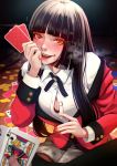  1girl bangs black_bra black_hair black_legwear blunt_bangs blush bra breasts card commentary_request highres hime_cut holding holding_playing_card jabami_yumeko jacket kakegurui large_breasts lips long_hair looking_at_viewer magion02 nail_polish open_clothes open_mouth open_shirt playing_card poker_chip red_eyes red_nails ribbon school_uniform shirt skirt smile solo sweat underwear 
