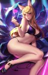  1girl absurdres ahri animal_ears bangs bare_legs black_bra blonde_hair bra bracelet breasts choker cian_yo cleavage closed_mouth collarbone commentary earrings eyebrows_visible_through_hair fingernails fox_ears heart high_heels highres idol jewelry k/da_(league_of_legends) k/da_ahri large_breasts league_of_legends lips long_fingernails long_hair looking_at_viewer lying nail_polish navel on_side paid_reward patreon_reward red_nails see-through sidelocks smile solo swept_bangs swimsuit tears underwear whisker_markings 