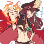  1girl breasts brown_eyes brown_hair cape clenched_hand cowboy_shot fate/grand_order fate_(series) fire groin hair_between_eyes hand_on_hip hat hollomaru long_hair medium_breasts navel oda_nobunaga_(fate) oda_nobunaga_(swimsuit_berserker)_(fate) one_eye_closed smile solo white_background 