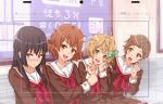  4girls ahoge bangs black_hair blush bow brown_eyes brown_hair closed_mouth full-face_blush hair_bow hair_ornament hairclip hibike!_euphonium highres indoors katou_hazuki kawashima_sapphire kazeno kousaka_reina long_hair looking_at_another multiple_girls open_mouth oumae_kumiko parted_bangs school_uniform serafuku short_hair sitting violet_eyes wavy_hair 