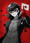  1boy :d amamiya_ren arm_behind_back arm_up between_fingers black_coat black_hair blood blood_splatter coat commentary_request gloves grin highres holding_envelope kuroi_susumu logo long_sleeves looking_at_viewer male_focus mask nintendo open_clothes open_coat open_mouth persona persona_5 red_background red_eyes red_gloves smile solo super_smash_bros. teeth upper_body white_skin 