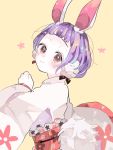  1girl animal_ears bangs blush copyright_request hanataro_(sruvhqkehy1zied) long_sleeves looking_at_viewer purple_hair rabbit_ears red_eyes sash short_hair simple_background smile solo upper_body wide_sleeves yellow_background 