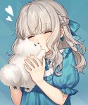  1girl animal blue_background blue_bow blue_dress blush bow braid closed_eyes closed_mouth commentary_request dog dress fingernails grey_hair hair_bow hands_up heart highres holding holding_animal holding_dog karokuchitose long_hair original pomeranian_(dog) puffy_short_sleeves puffy_sleeves short_sleeves solo upper_body 