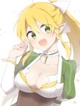 1girl blonde_hair braid breasts cleavage collarbone commentary_request eyebrows_visible_through_hair eyes_visible_through_hair flower green_eyes hair_between_eyes holding holding_flower large_breasts leafa long_hair long_sleeves looking_at_viewer pointy_ears ponytail sakefish smile solo sword sword_art_online twin_braids very_long_hair weapon 