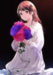  1girl asano_(tomoli_t) black_background blush bouquet brown_eyes brown_hair dress earrings flower highres holding holding_bouquet jewelry long_hair long_sleeves mole mole_under_eye original sitting_on_water stud_earrings water white_dress 