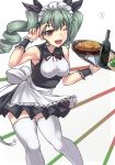  1girl ;d anchovy apron bangs black_dress black_ribbon bottle breasts collared_dress commentary cowboy_shot dress drill_hair eyebrows_visible_through_hair food frilled_apron frilled_wrist_cuffs frills girls_und_panzer green_hair hair_ribbon highres holding holding_tray leaning_forward long_hair looking_at_viewer maid_headdress medium_breasts neck_ribbon one_eye_closed open_mouth pasta plate red_eyes red_neckwear ribbon salute short_dress sleeveless sleeveless_dress smile solo standing thigh-highs tray twin_drills twintails two-finger_salute waist_apron white_legwear wrist_cuffs yamaori_(yamaorimon) 
