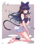  1girl ankle_ribbon arm_ribbon bare_shoulders barefoot black_hair blake_belladonna bow cat hair_bow halter_top halterneck highres iesupa kneeling leg_ribbon long_hair paw_cutout ribbon rwby shorts solo yellow_eyes 