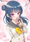  1girl absurdres arm_behind_back bangs blue_hair blunt_bangs blurry blush bow cherry_blossoms commentary deadnooodles depth_of_field eyebrows_visible_through_hair grey_sailor_collar grey_shirt hair_bun highres holding long_hair long_sleeves looking_at_viewer love_live! love_live!_sunshine!! nail_polish petals pink_nails sailor_collar school_uniform serafuku shirt side_bun smelling solo spring_(season) symbol_commentary tsushima_yoshiko upper_body uranohoshi_school_uniform violet_eyes yellow_bow 