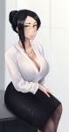  1girl bijin_onna_joushi_takizawa-san black_hair breasts brown_eyes cleavage curvy earrings hair_bun highres jewelry large_breasts looking_at_viewer mole mole_under_mouth necklace office_lady roresu solo takizawa_kyouko 