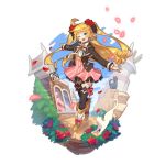 alternate_costume black_cat blonde_hair blue_eyes blue_sky bow bowtie cat dragalia_lost earrings ezelith fang flower jewelry non-web_source official_art one_eye_closed petals rose rose_petals saitou_naoki sky thigh-highs twintails two_side_up white_cat zettai_ryouiki