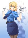  1girl alternate_costume badge bangs belt black_legwear blonde_hair blue_background blue_neckwear blue_shirt blue_skirt blush breast_pocket breasts brown_belt commentary_request cowboy_shot cuffs eyebrows_visible_through_hair gloves gradient gradient_background green_eyes hair_between_eyes handcuffs hands_up highres holding index_finger_raised looking_at_viewer medium_breasts mizuhashi_parsee necktie ootsuki_wataru open_mouth pantyhose pencil_skirt pocket pointy_ears police police_uniform policewoman pouch shirt short_hair short_sleeves skirt solo standing touhou uniform white_background white_gloves 