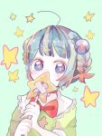  1girl aqua_background bangs blue_eyes blue_hair bow braid collar copyright_request covered_mouth eyebrows_visible_through_hair frilled_collar frills hanataro_(sruvhqkehy1zied) holding looking_at_viewer red_bow short_hair solo star star-shaped_pupils symbol-shaped_pupils upper_body 